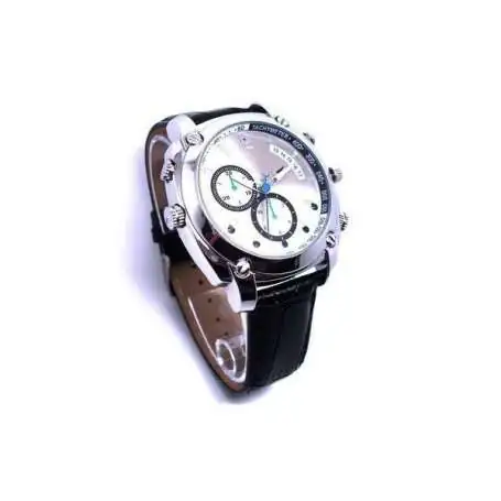 Montre caméra espion HD 1080P 8Go Vision de nuit waterproof simili cuir noir