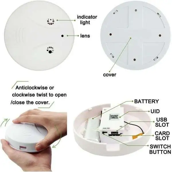 Caméra espion invisible, caméra espion Wifi sans fil Détecteur de fumée  avec détection de mouvement de vision nocturne Hd 1080p Caméra secrète  Petite caméra de nounou avec mobile